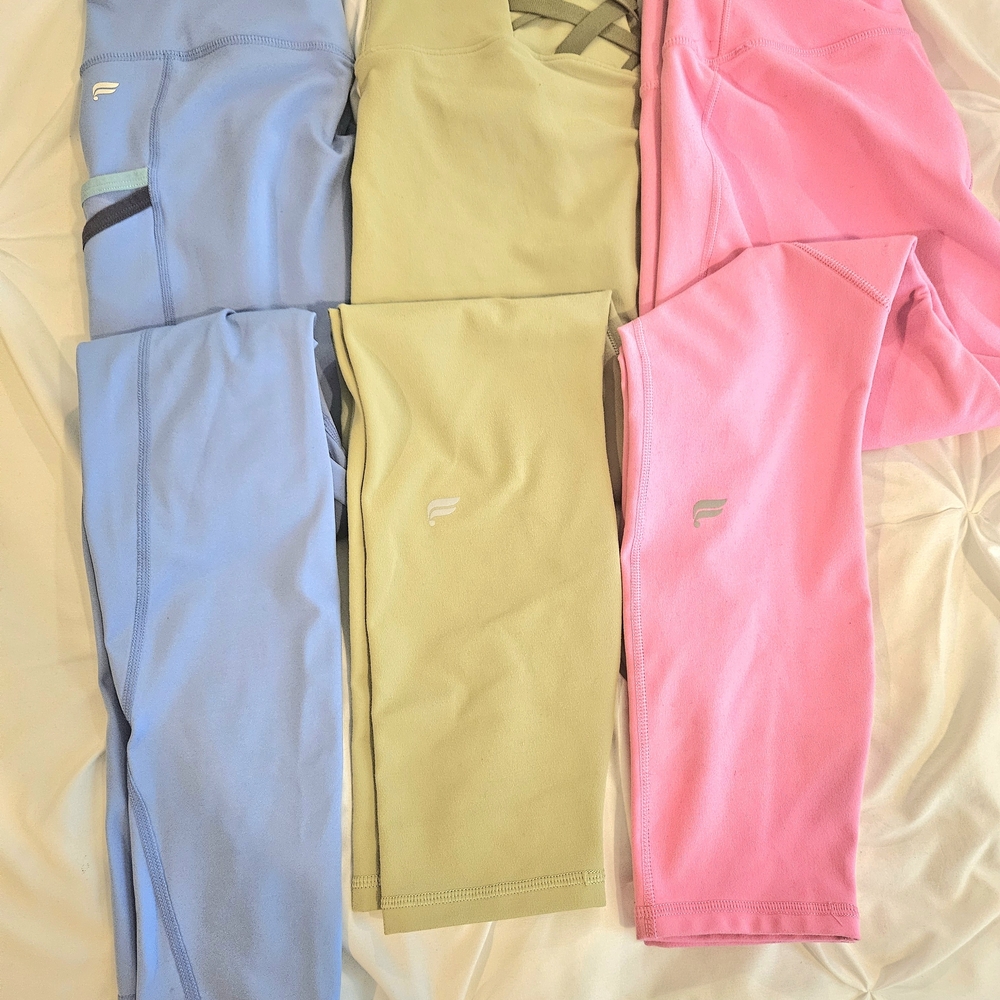 Fabletics Leggings Set in Light Blue, Olive Green & Pink